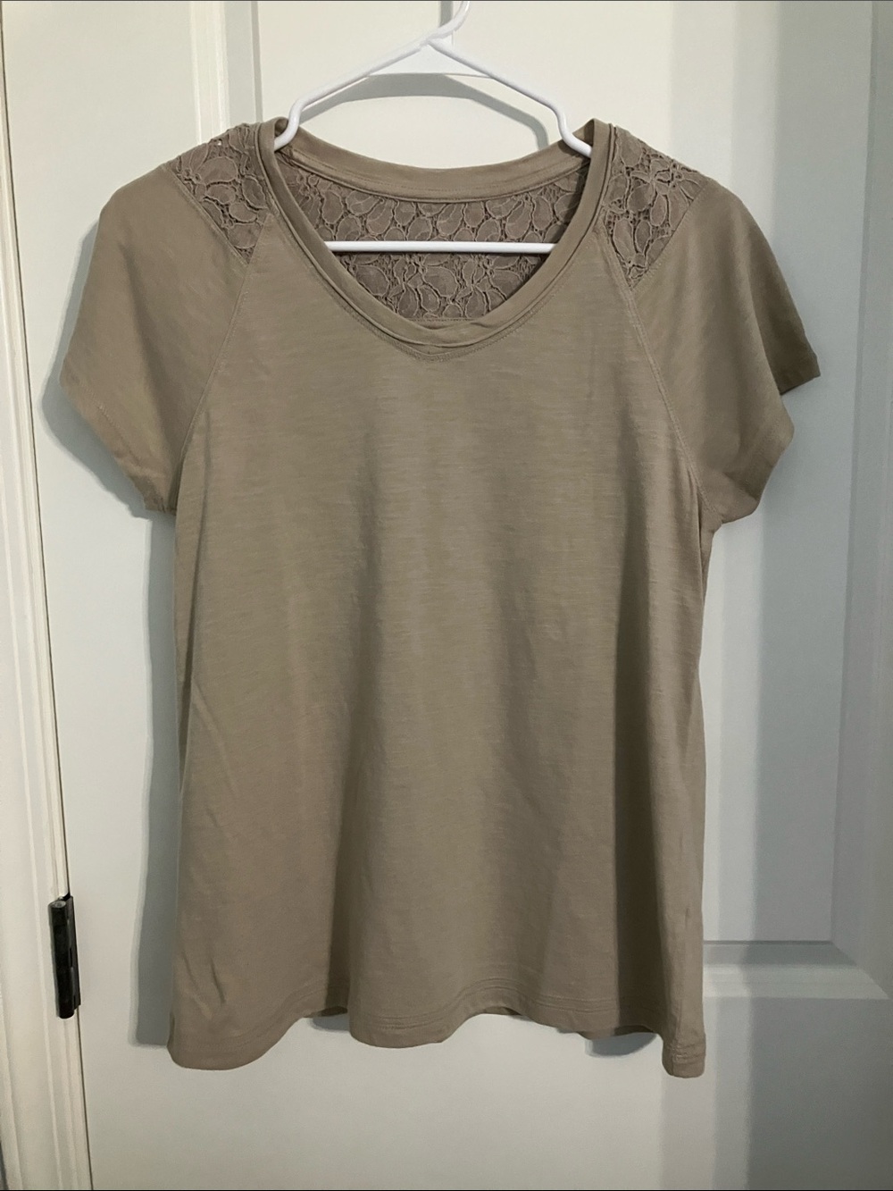 Sonoma Short Sleeve Tee with Lace Yoke in Taupe